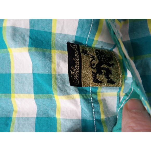 Akademiks Shirt XL Plaid Teal Yellow White Button Up Y2K Hip Hop Colorful Logo C - Picture 5 of 13